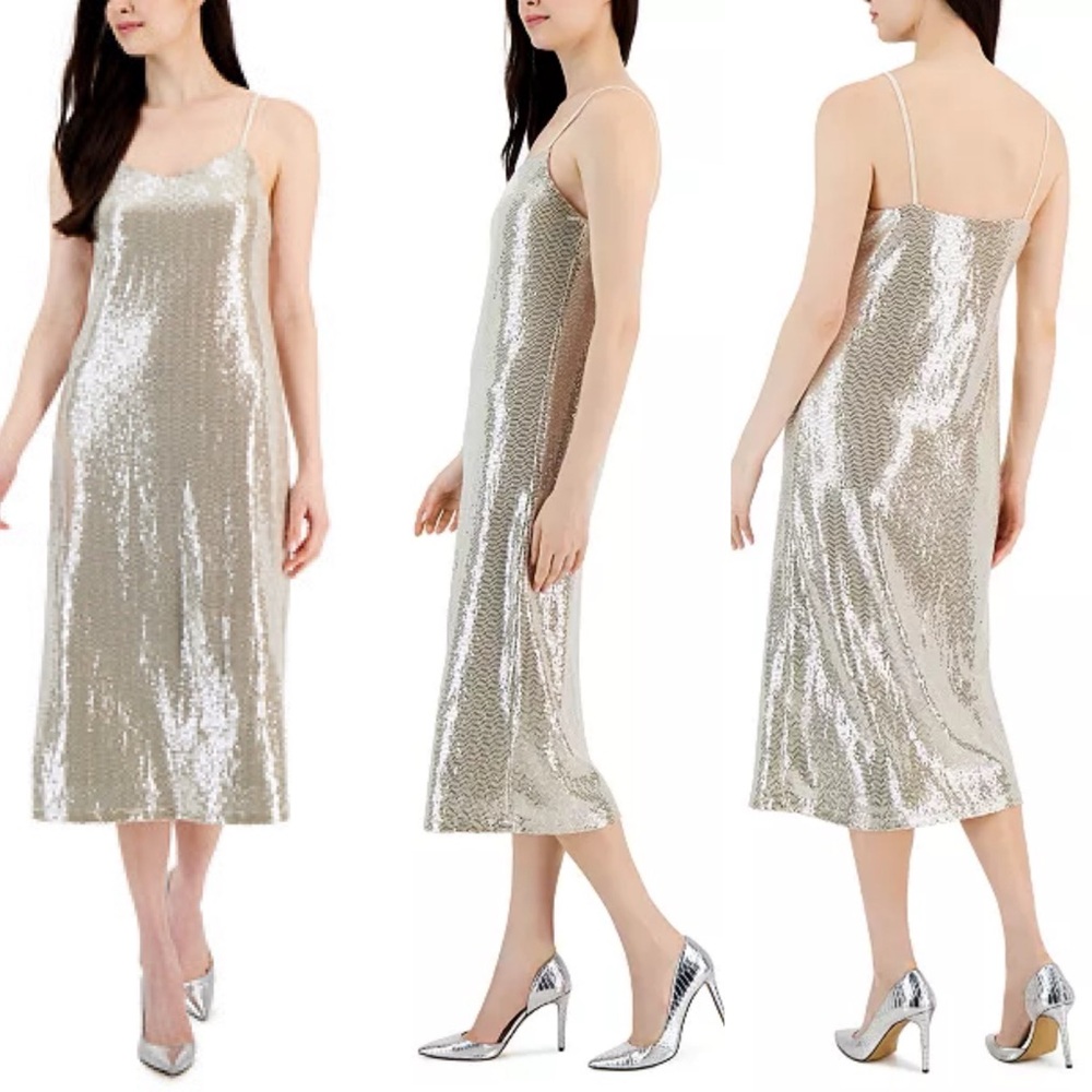 NWT Anne Klein Silver Sequin Slip Dress